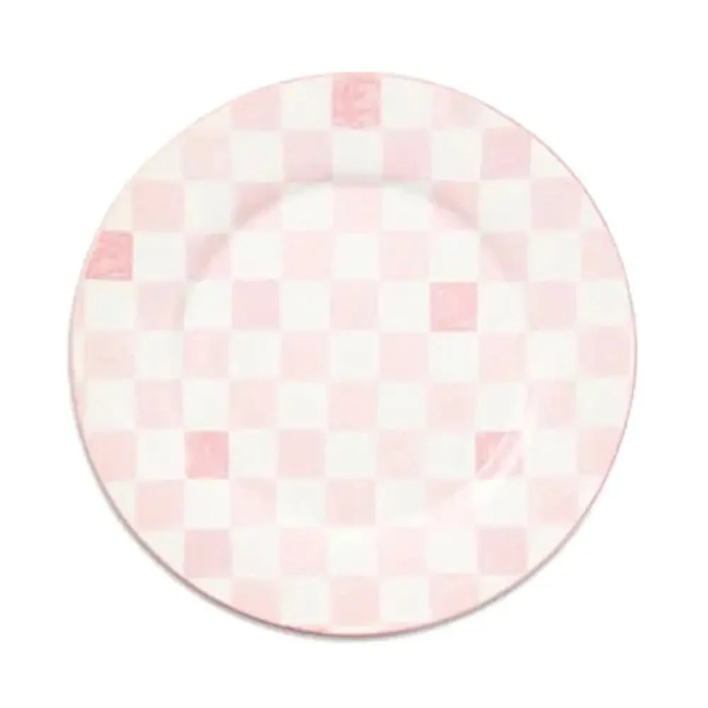 NEW Mackenzie-Childs Pink Check Dinner Plate 11in Portugal Stoneware